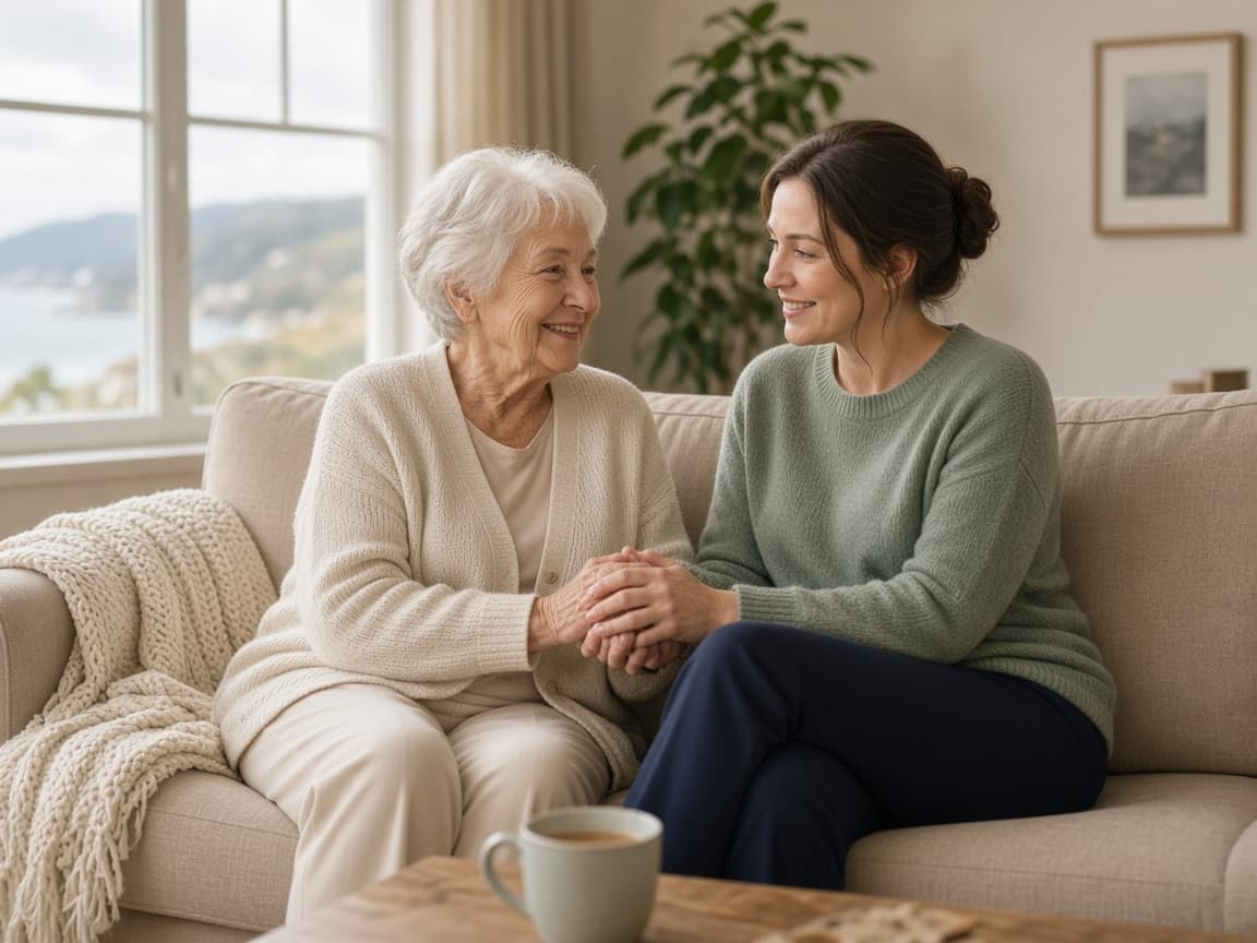 A caregiver sitting with an elderly person at home, holding hands
